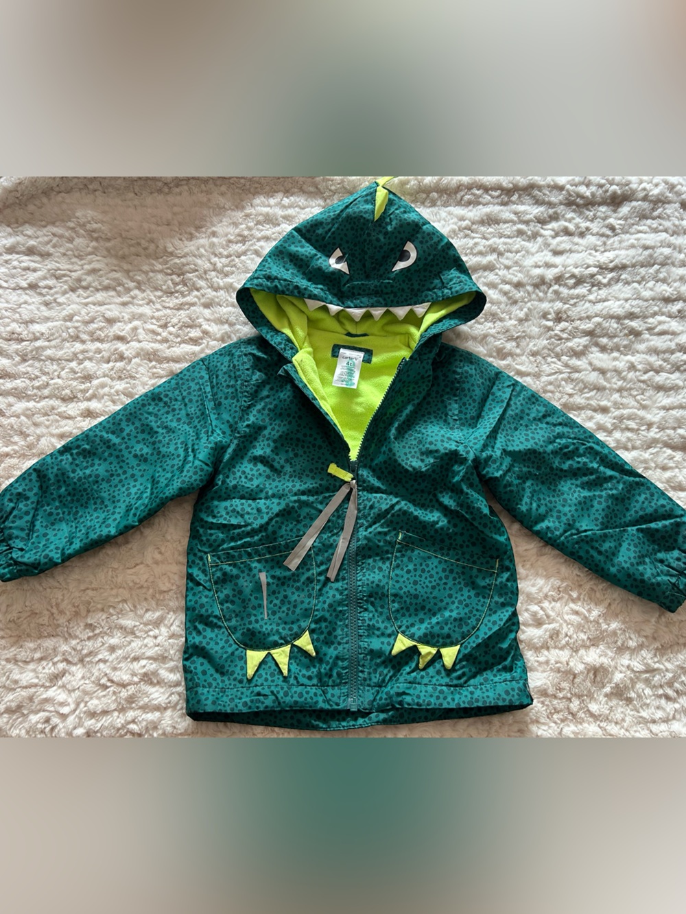 Carter's Teal Green Monster Hooded Puffer Jacket with Lime Accents